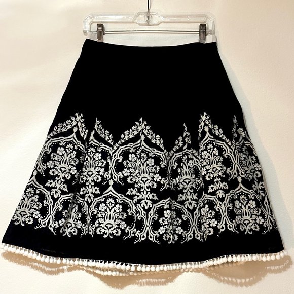 LOFT Dresses & Skirts - Black & White Skirt with Pom Pom Fringe Hem ~ Ann Taylor Loft